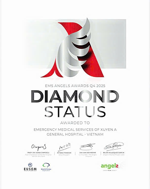 Quý 4 - 2025, BVXA nhận giải thưởng kim cương trong cấp cứu đột quỵ ngoại viện