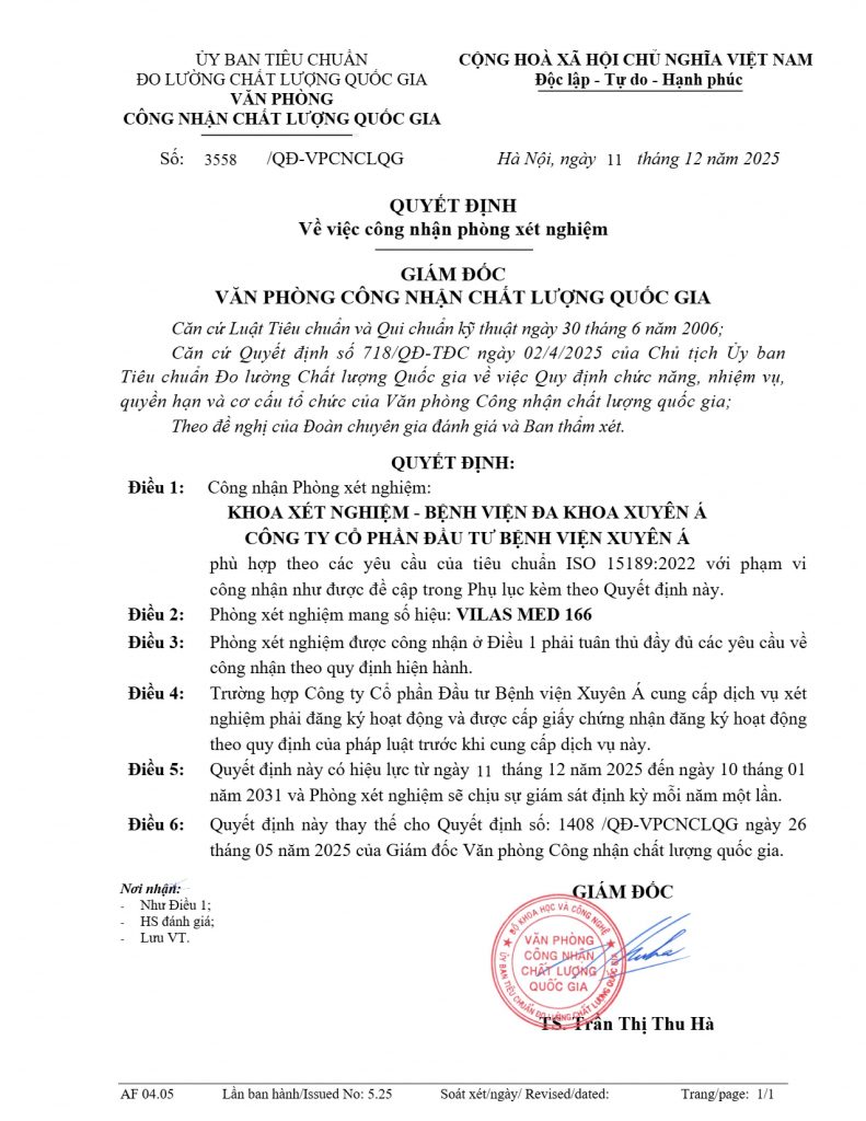 Quyết định công nhận Khoa xét nghiệm - Bệnh viện Đa Khoa Xuyên Á _ Văn phòng Công nhận chất lượng quốc gia (BoA)