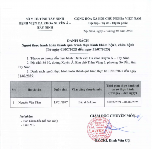 Danh sách người thực hành hoàn thành quá trình thực hành khám bệnh chữa bệnh đợt 07.2025 Tây Ninh