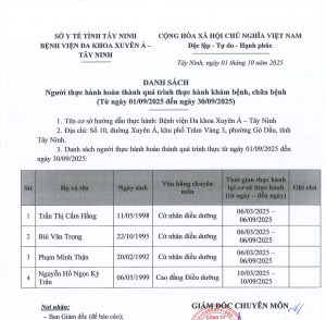Danh sách người thực hành hoàn thành quá trình thực hành khám bệnh chữa bệnh đợt 09.2025 Tây Ninh