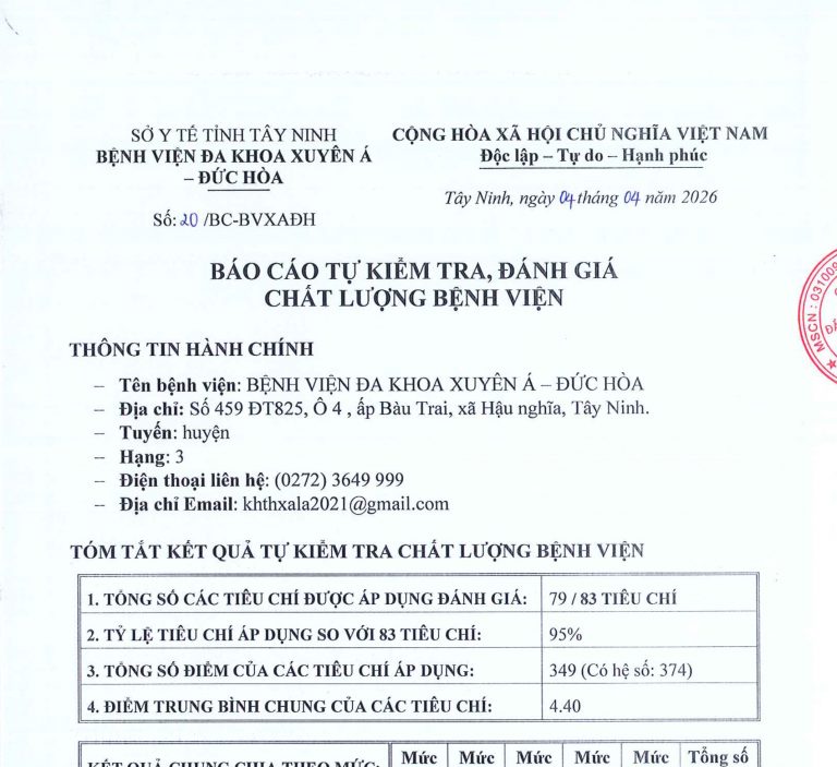 BÁO CÁO TỰ KIỂM TRA, ĐÁNH GIÁ CHẤT LƯỢNG BỆNH VIỆN – BVXA ĐỨC HOÀ
