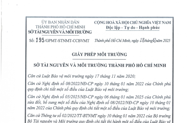GIẤY PHÉP MÔI TRƯỜNG – SỞ TÀI NGUYÊN VÀ MÔI TRƯỜNG THÀNH PHỐ HỒ CHÍ MINH
